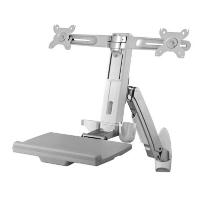 ARES-5223D是一个双臂壁挂式工作站，通过一个支臂可悬挂两个显示器，兼容75 x 75mm或100 x 100mm的VESA孔位。